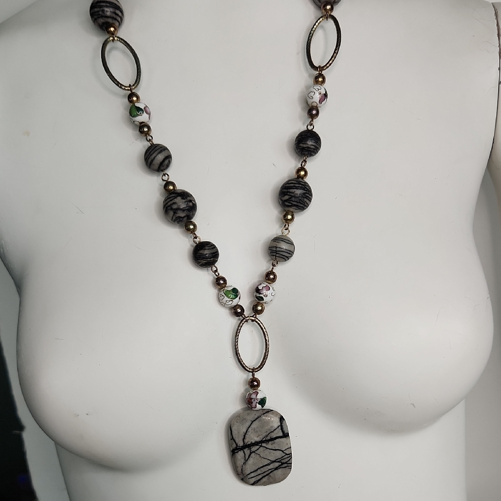 Jasper Rock and Closiné Beaded Goldtone Necklace Long